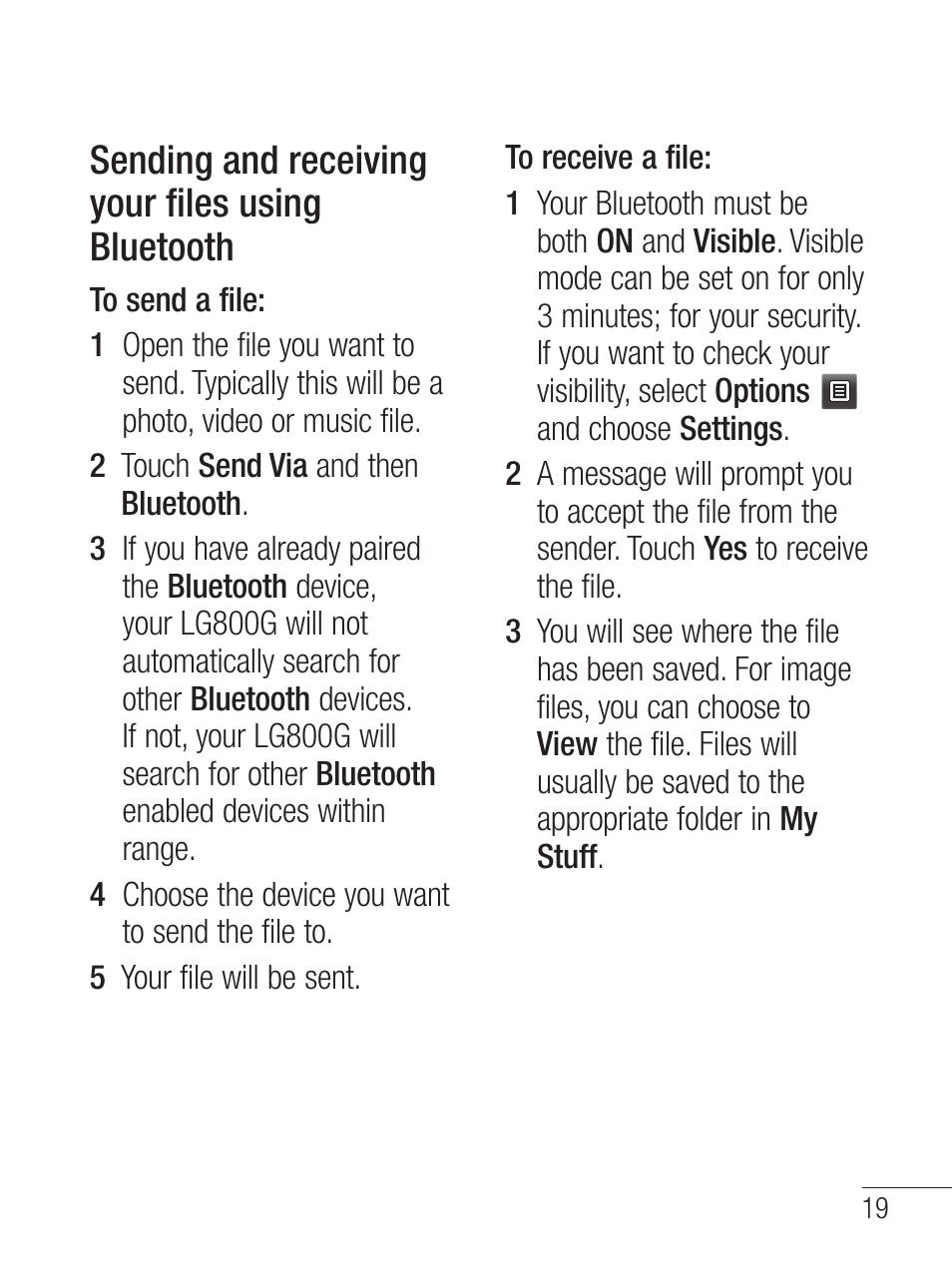 Sending and receiving your files using bluetooth | LG LG800G User Manual | Page 21 / 118