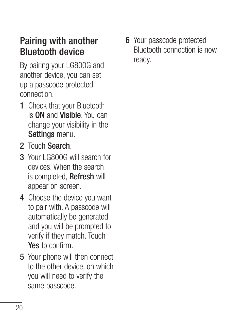 Pairing with another bluetooth device | LG LG800G User Manual | Page 22 / 118