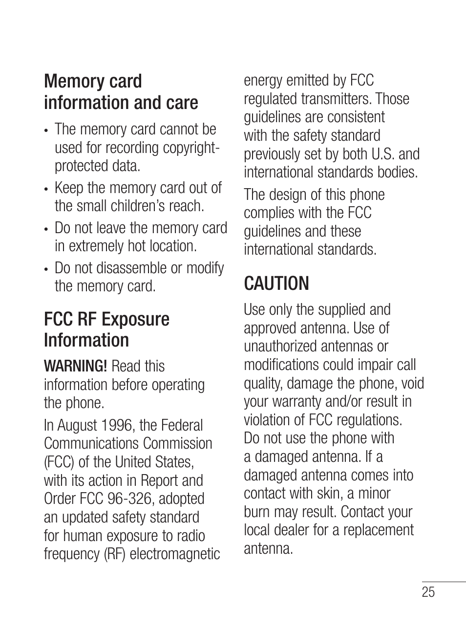 Fcc rf exposure information, Caution | LG LG800G User Manual | Page 27 / 118