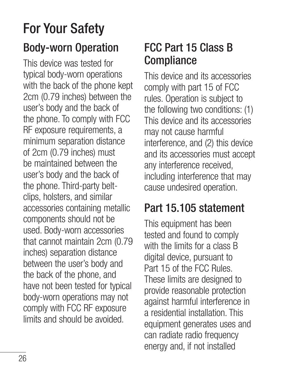 For your safety, Body-worn operation, Fcc part 15 class b compliance | LG LG800G User Manual | Page 28 / 118