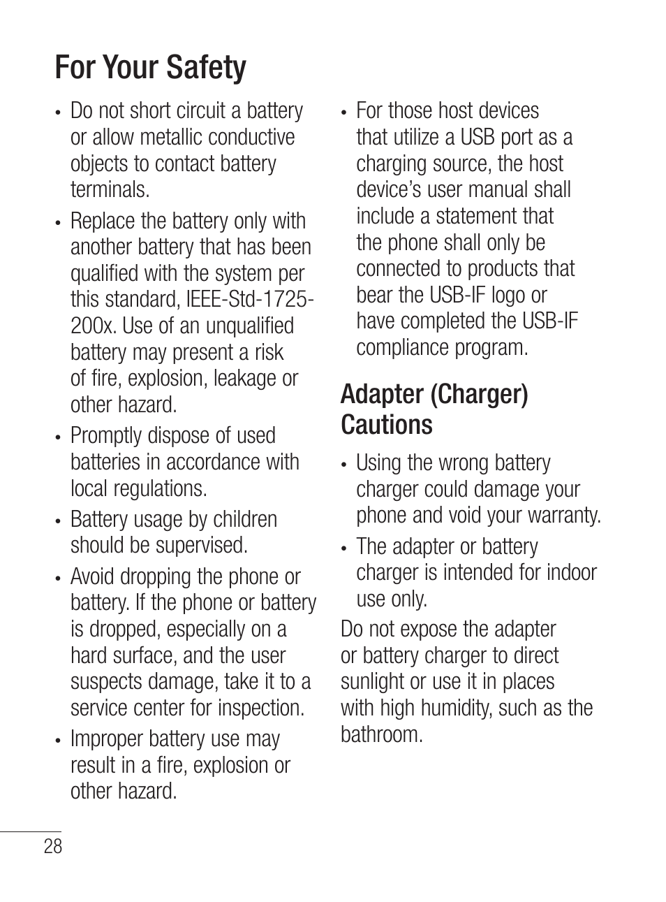 For your safety, Adapter (charger) cautions | LG LG800G User Manual | Page 30 / 118