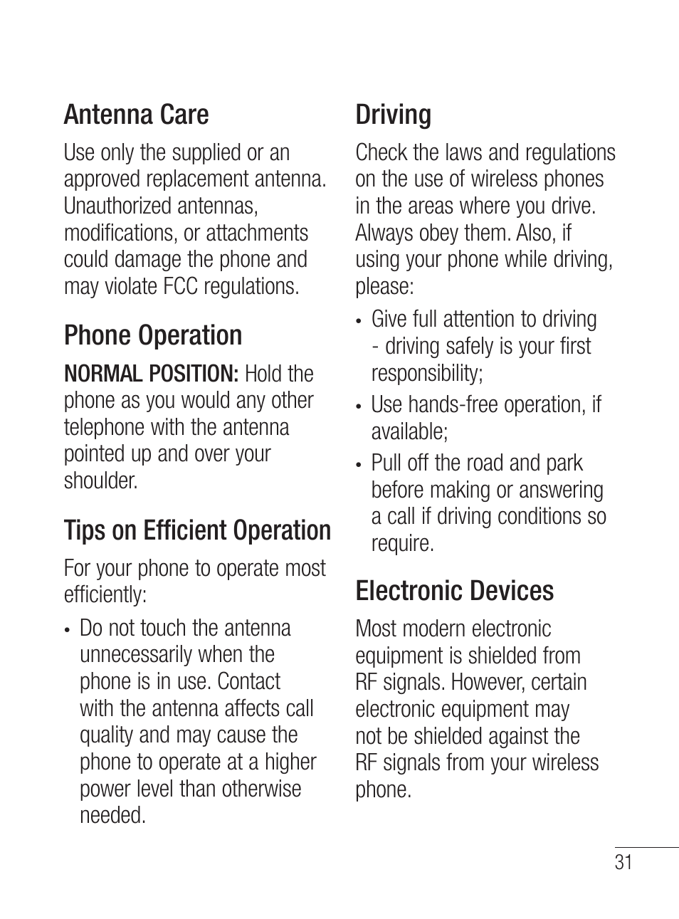 Antenna care, Phone operation, Tips on efficient operation | Driving, Electronic devices | LG LG800G User Manual | Page 33 / 118