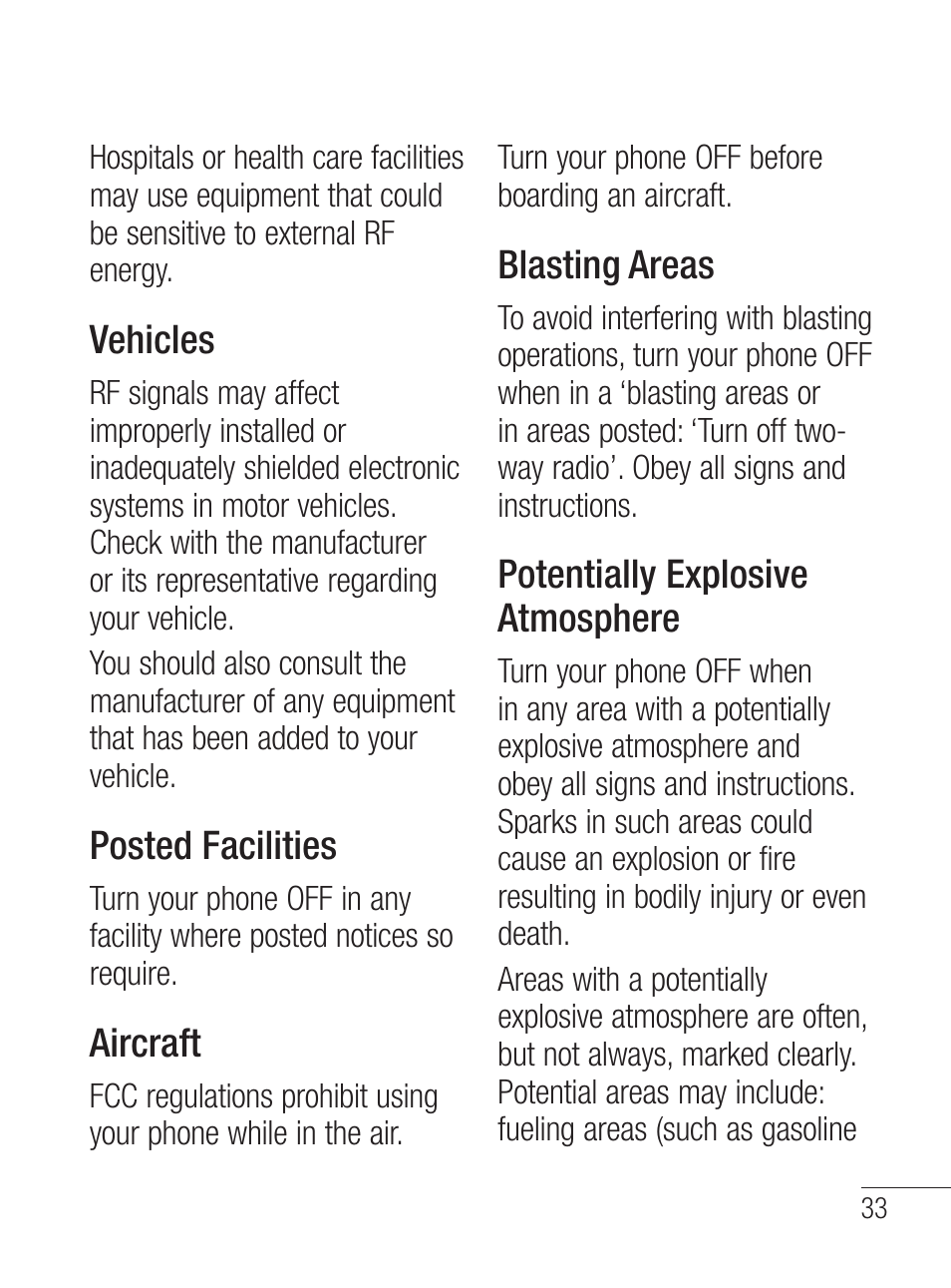 Vehicles, Posted facilities, Aircraft | Blasting areas, Potentially explosive atmosphere | LG LG800G User Manual | Page 35 / 118