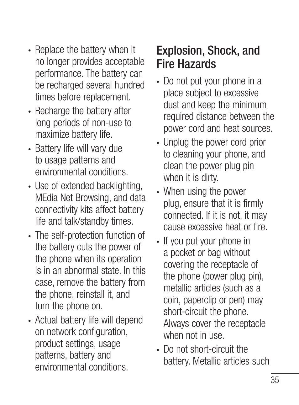 Explosion, shock, and fire hazards | LG LG800G User Manual | Page 37 / 118
