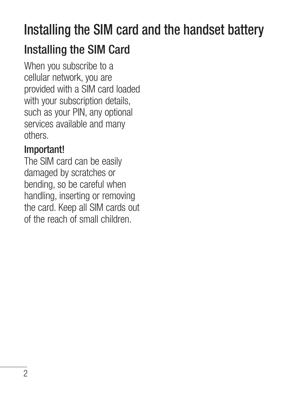 Installing the sim card and the handset battery, Installing the sim card | LG LG800G User Manual | Page 4 / 118