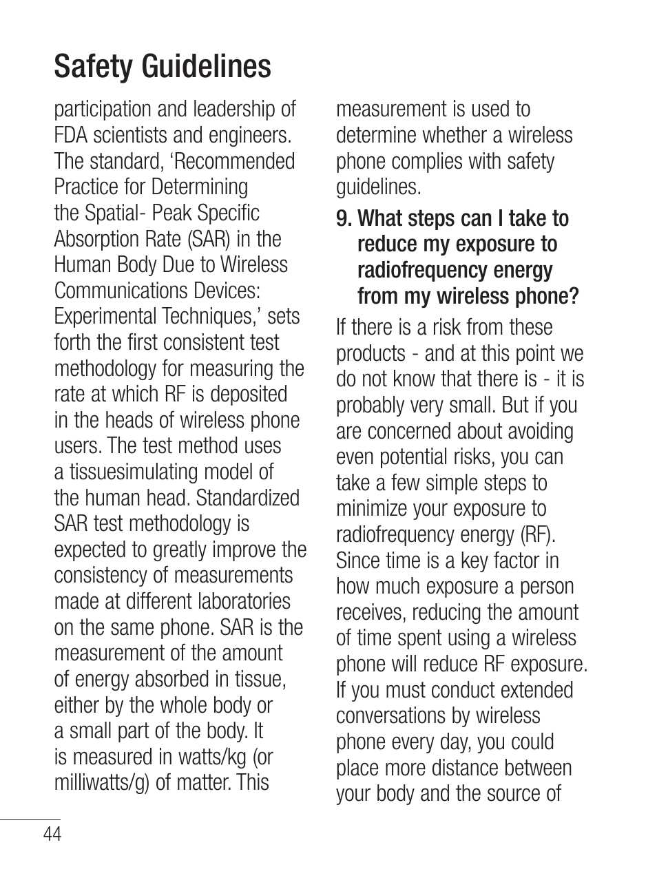 Safety guidelines | LG LG800G User Manual | Page 46 / 118