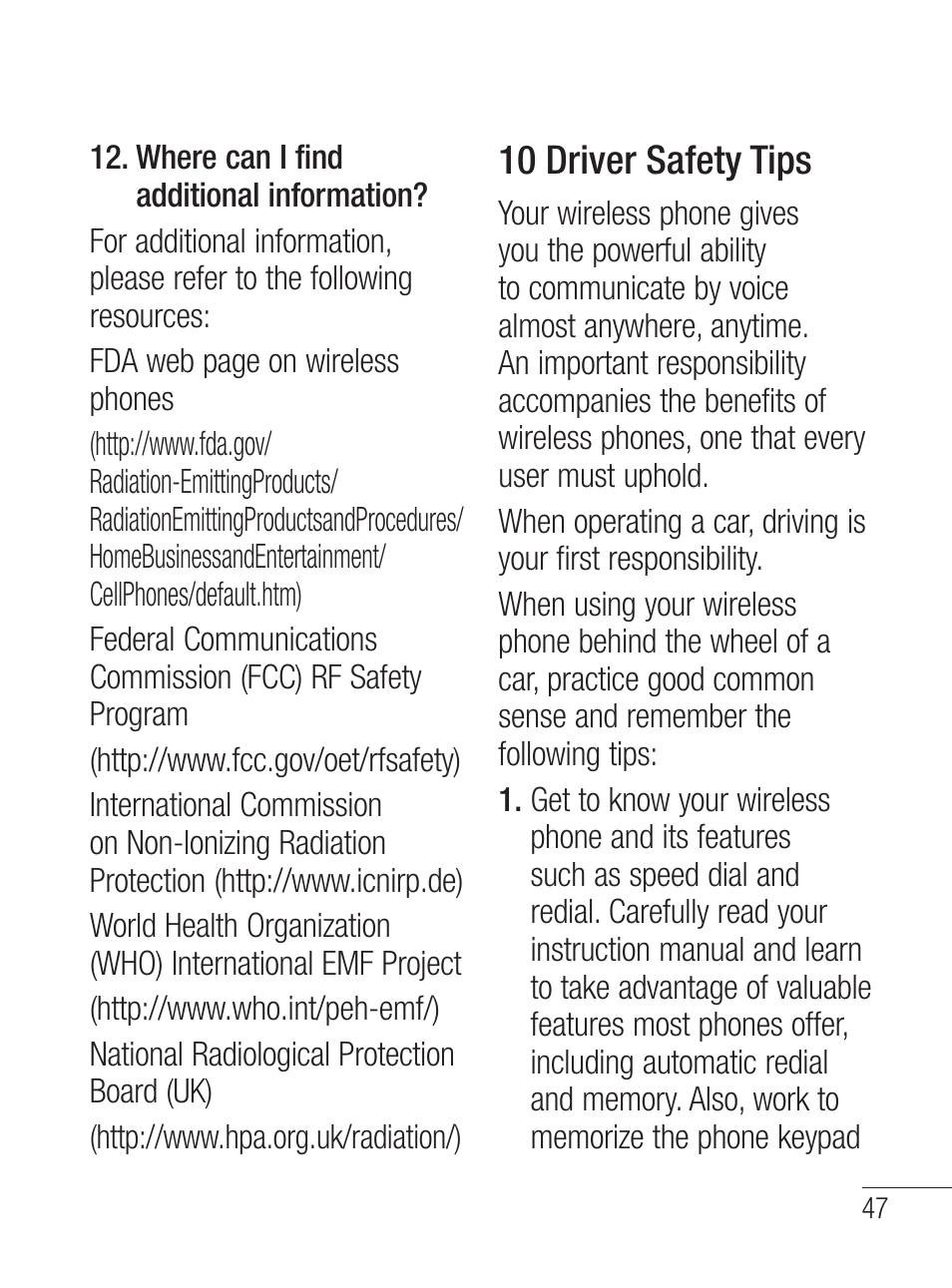 10 driver safety tips | LG LG800G User Manual | Page 49 / 118