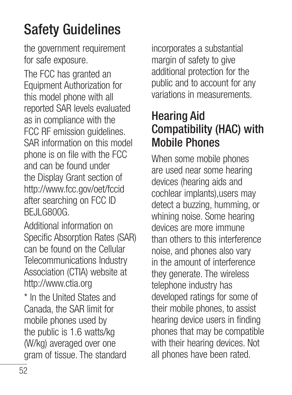 Safety guidelines, Hearing aid compatibility (hac) with mobile phones | LG LG800G User Manual | Page 54 / 118