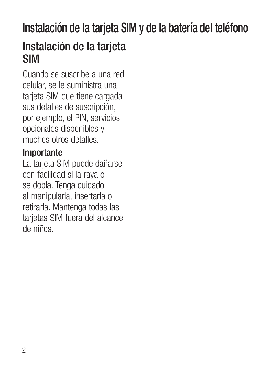 Instalación de la tarjeta sim | LG LG800G User Manual | Page 57 / 118