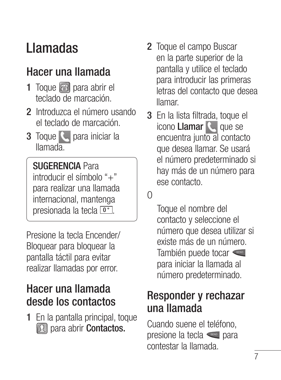Llamadas, Hacer una llamada, Hacer una llamada desde los contactos | Responder y rechazar una llamada | LG LG800G User Manual | Page 62 / 118