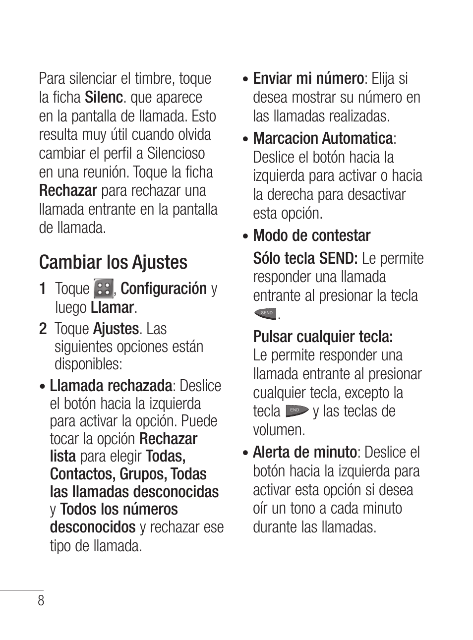 Cambiar los ajustes | LG LG800G User Manual | Page 63 / 118