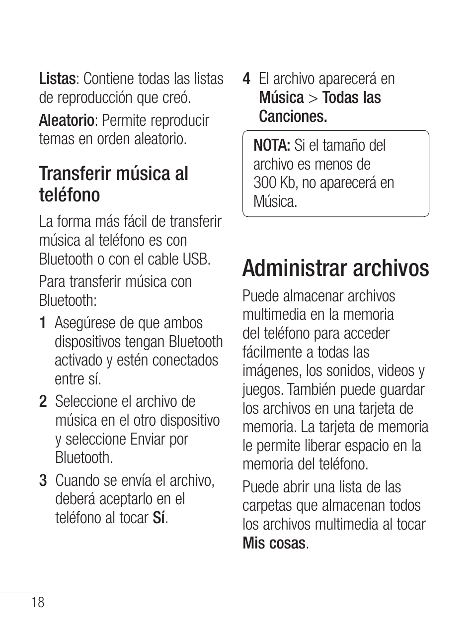 Administrar archivos, Transferir música al teléfono | LG LG800G User Manual | Page 73 / 118