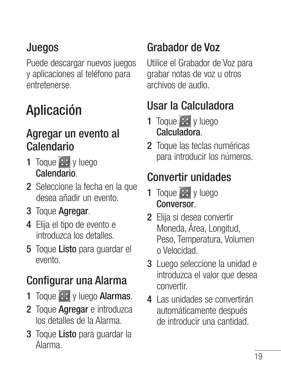 Aplicación, Juegos, Agregar un evento al calendario | Configurar una alarma, Grabador de voz, Usar la calculadora, Convertir unidades | LG LG800G User Manual | Page 74 / 118