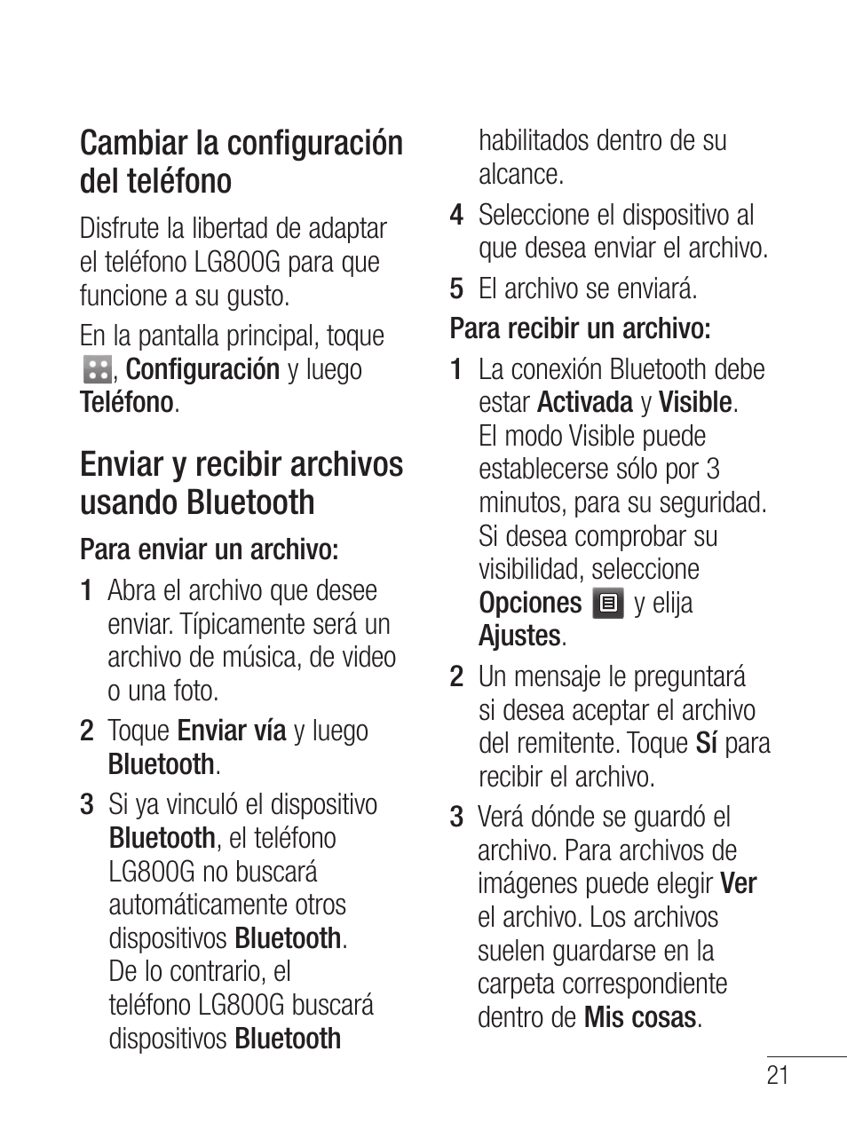 Cambiar la configuración del teléfono, Enviar y recibir archivos usando bluetooth | LG LG800G User Manual | Page 76 / 118