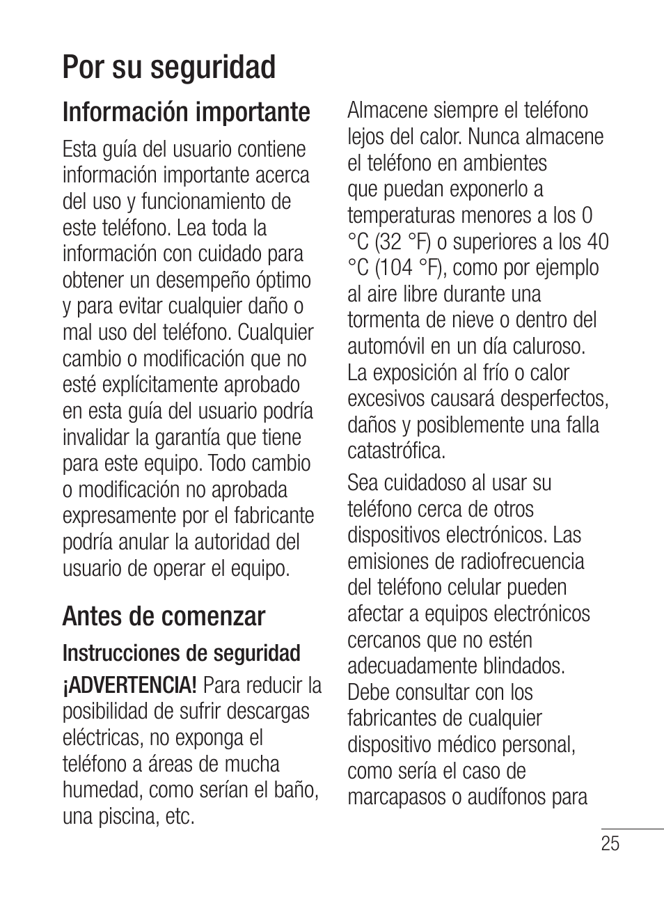 Por su seguridad, Información importante, Antes de comenzar | LG LG800G User Manual | Page 80 / 118