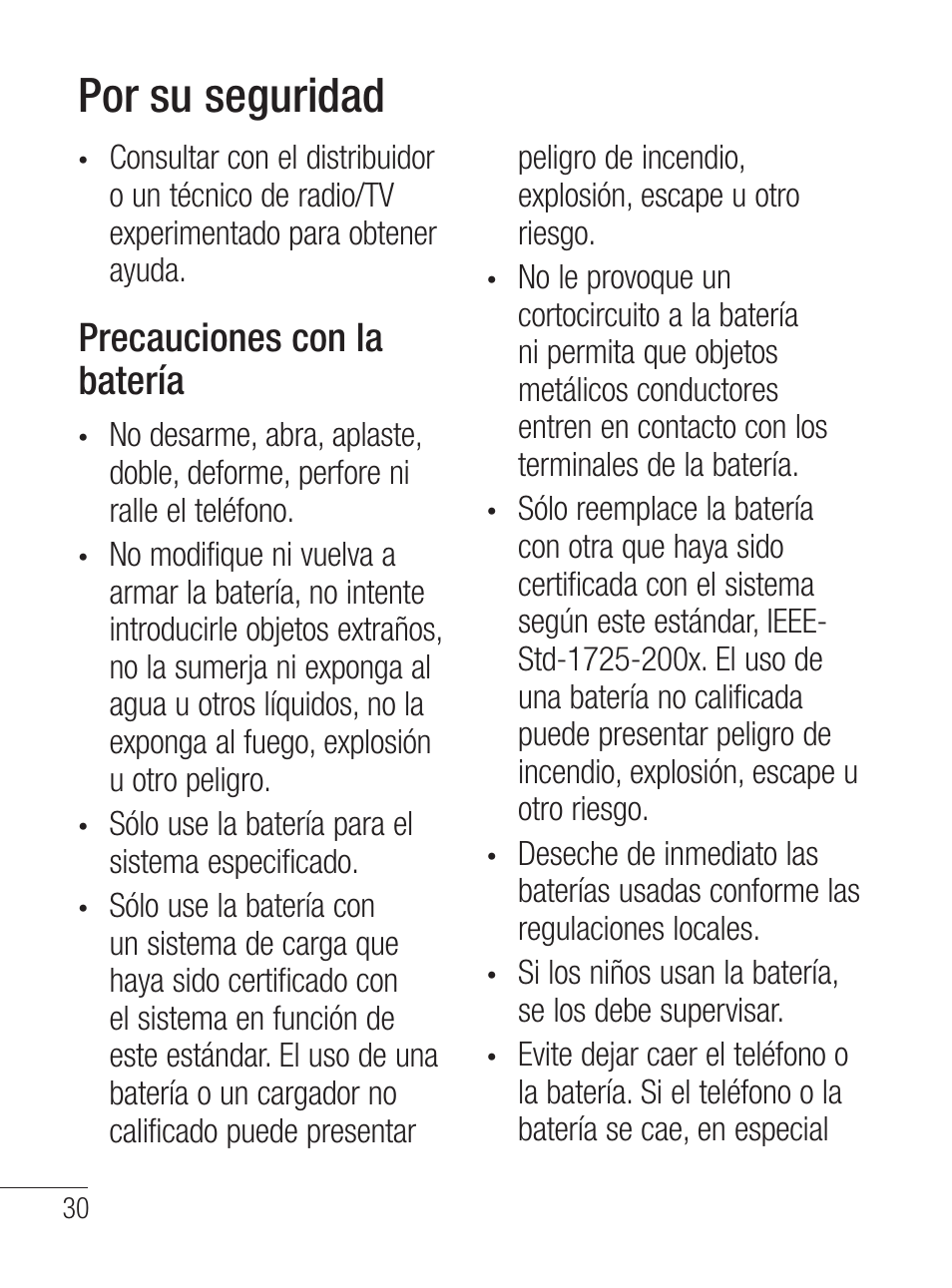 Por su seguridad, Precauciones con la batería | LG LG800G User Manual | Page 85 / 118