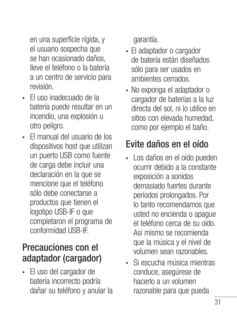 Precauciones con el adaptador (cargador), Evite daños en el oído | LG LG800G User Manual | Page 86 / 118