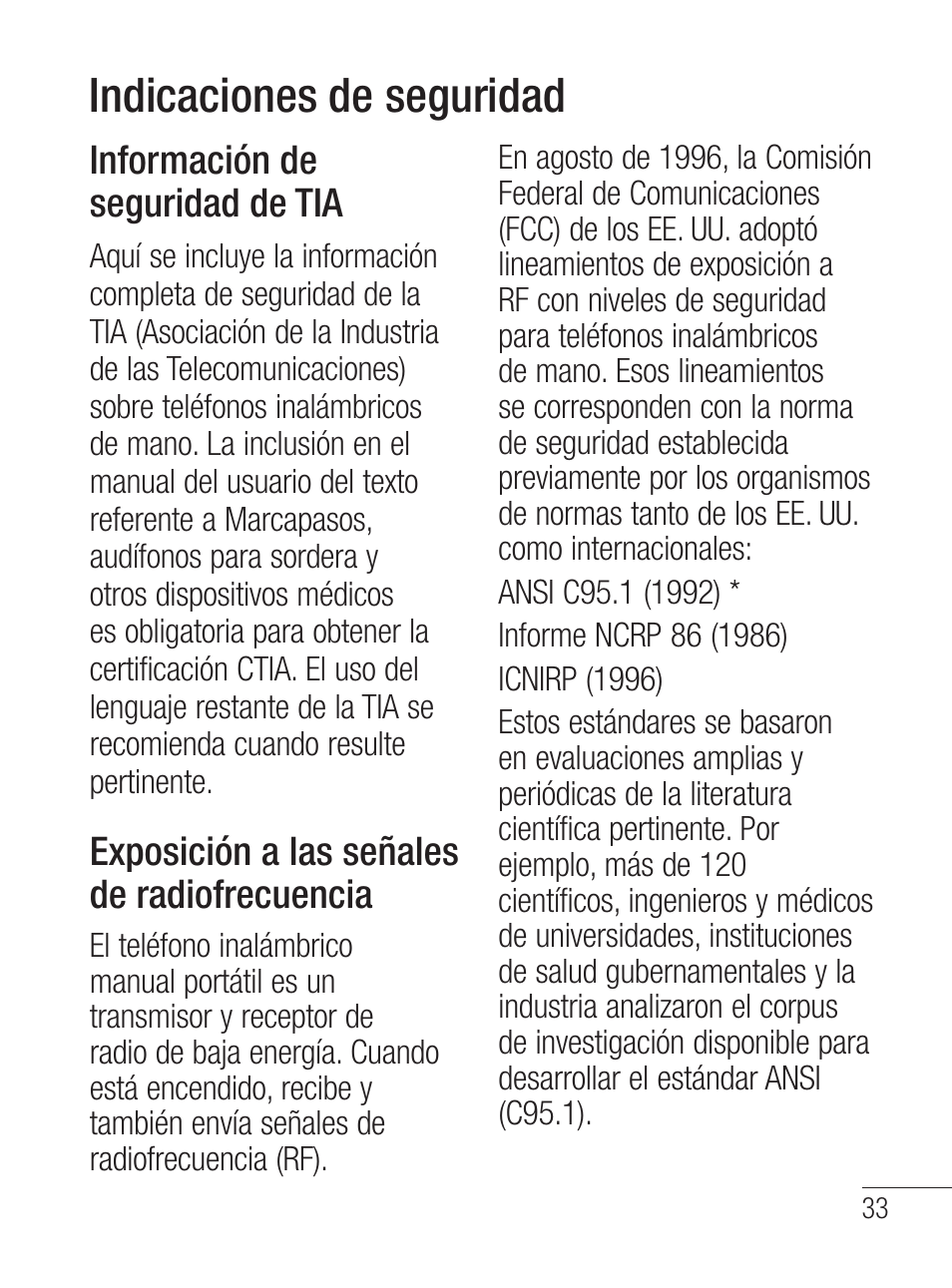 Indicaciones de seguridad, Información de seguridad de tia, Exposición a las señales de radiofrecuencia | LG LG800G User Manual | Page 88 / 118