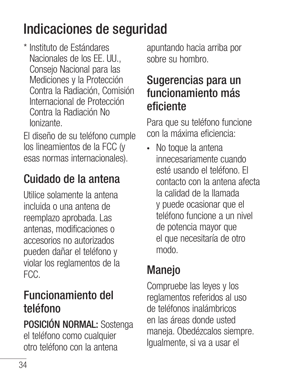 Indicaciones de seguridad, Cuidado de la antena, Funcionamiento del teléfono | Sugerencias para un funcionamiento más eficiente, Manejo | LG LG800G User Manual | Page 89 / 118