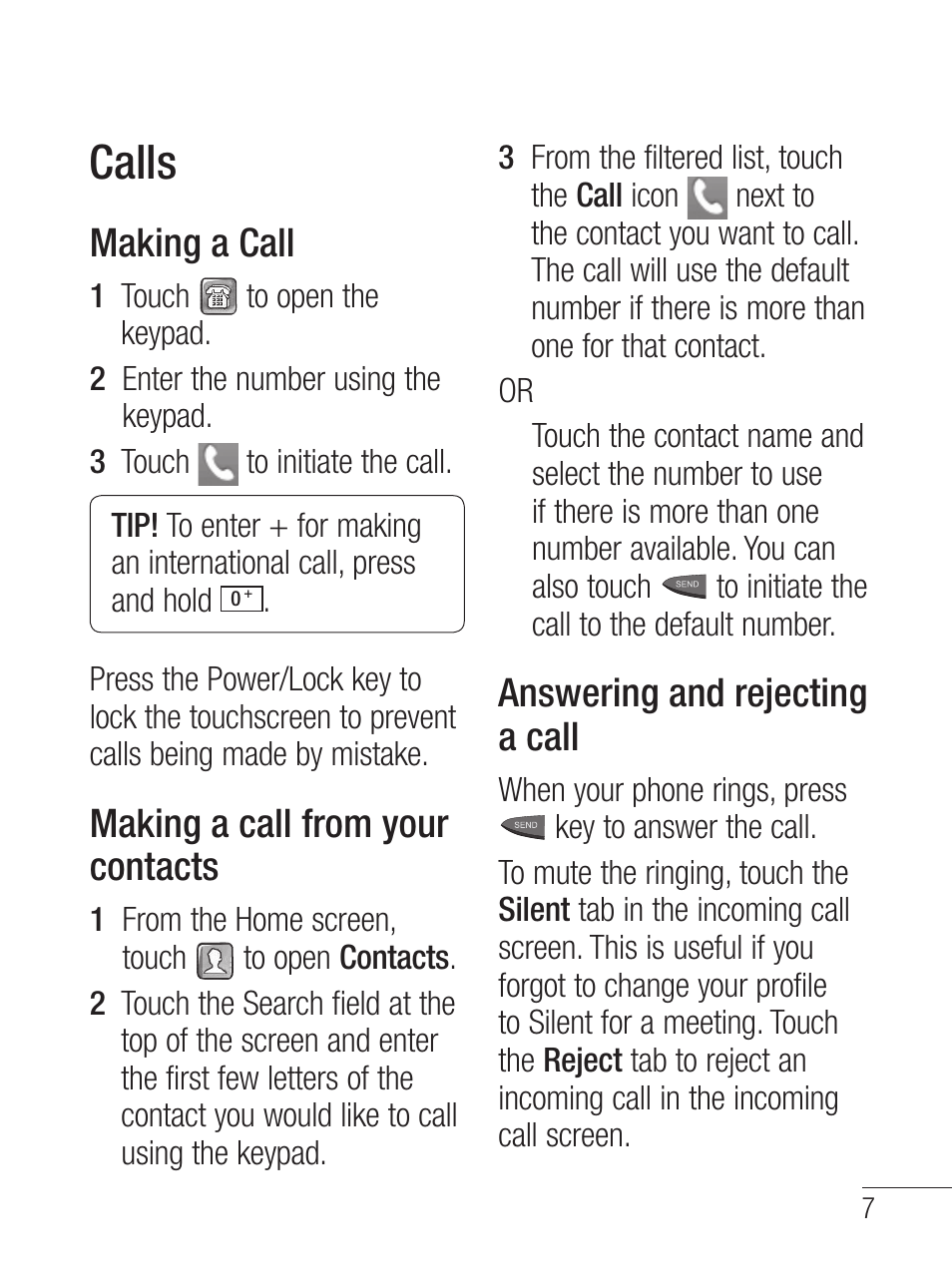 Calls, Making a call, Making a call from your contacts | Answering and rejecting a call | LG LG800G User Manual | Page 9 / 118