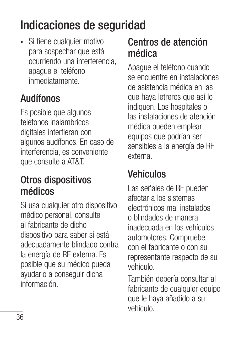 Indicaciones de seguridad, Audífonos, Otros dispositivos médicos | Centros de atención médica, Vehículos | LG LG800G User Manual | Page 91 / 118