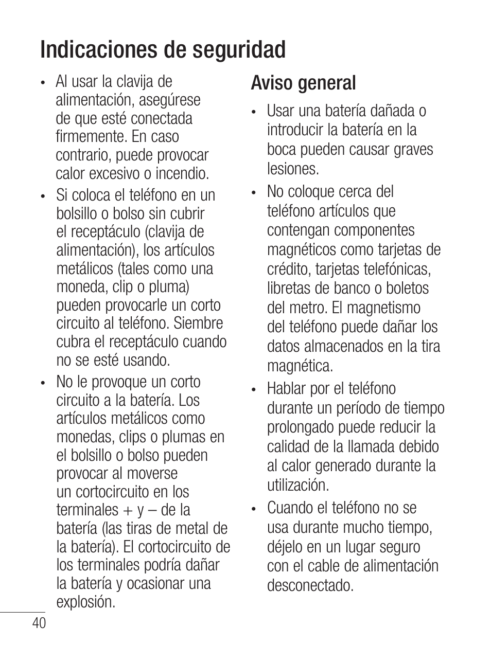 Indicaciones de seguridad, Aviso general | LG LG800G User Manual | Page 95 / 118