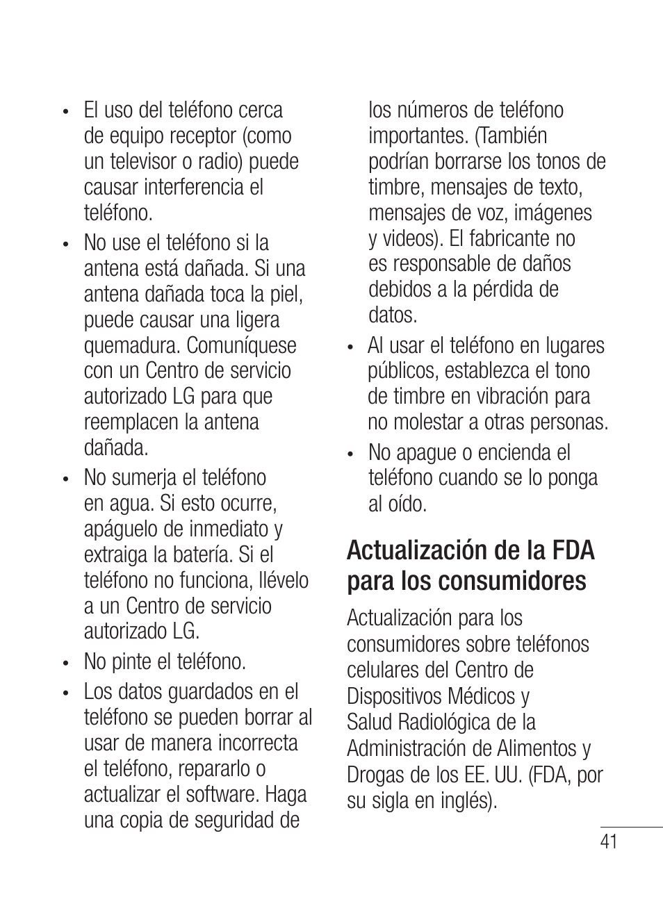 Actualización de la fda para los consumidores | LG LG800G User Manual | Page 96 / 118