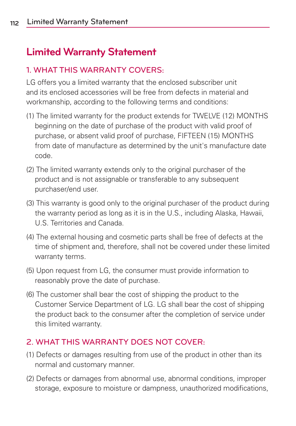 Limited warranty statement | LG LG870 User Manual | Page 112 / 117