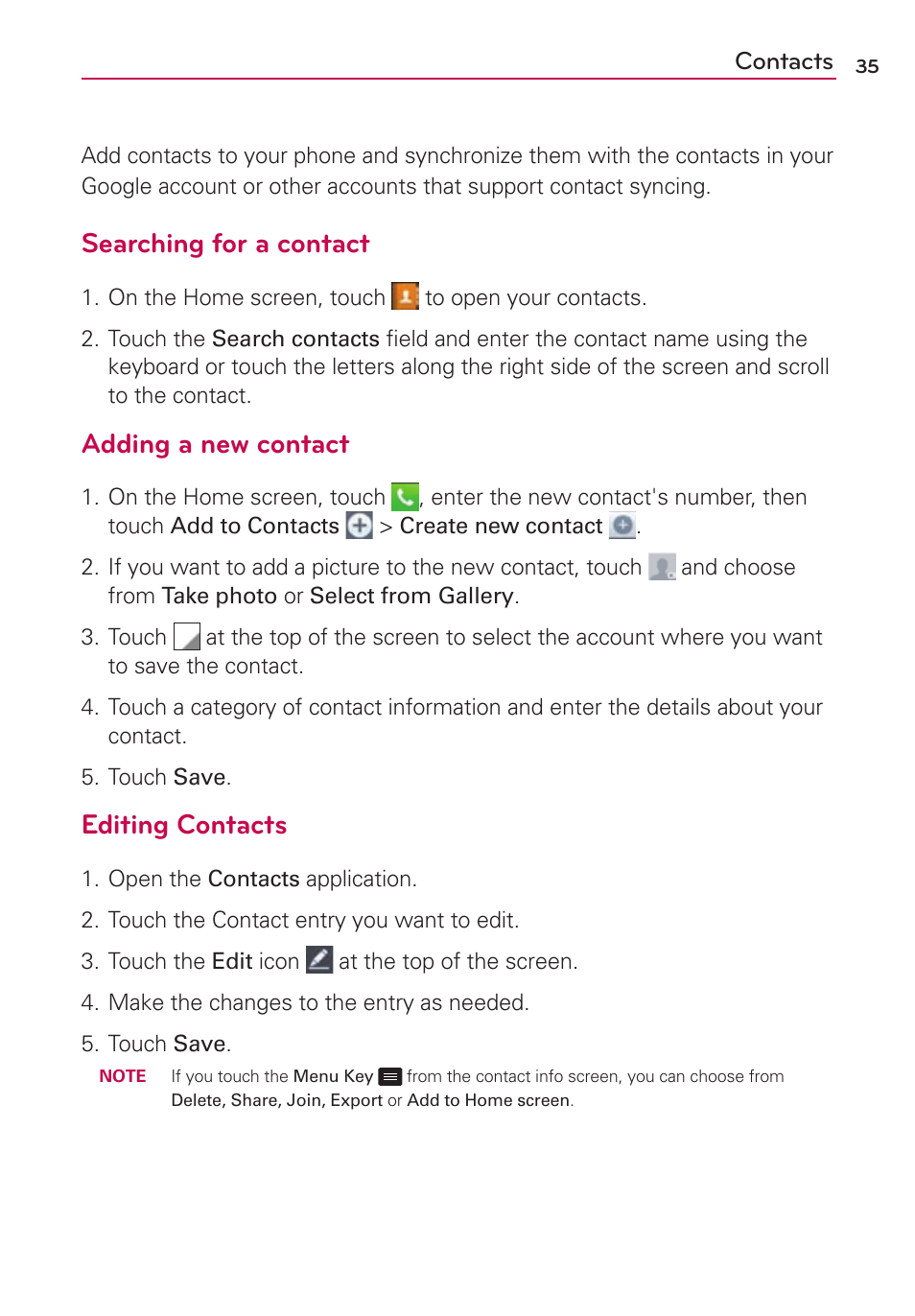 Contacts, Searching for a contact, Adding a new contact | Editing contacts | LG LG870 User Manual | Page 35 / 117