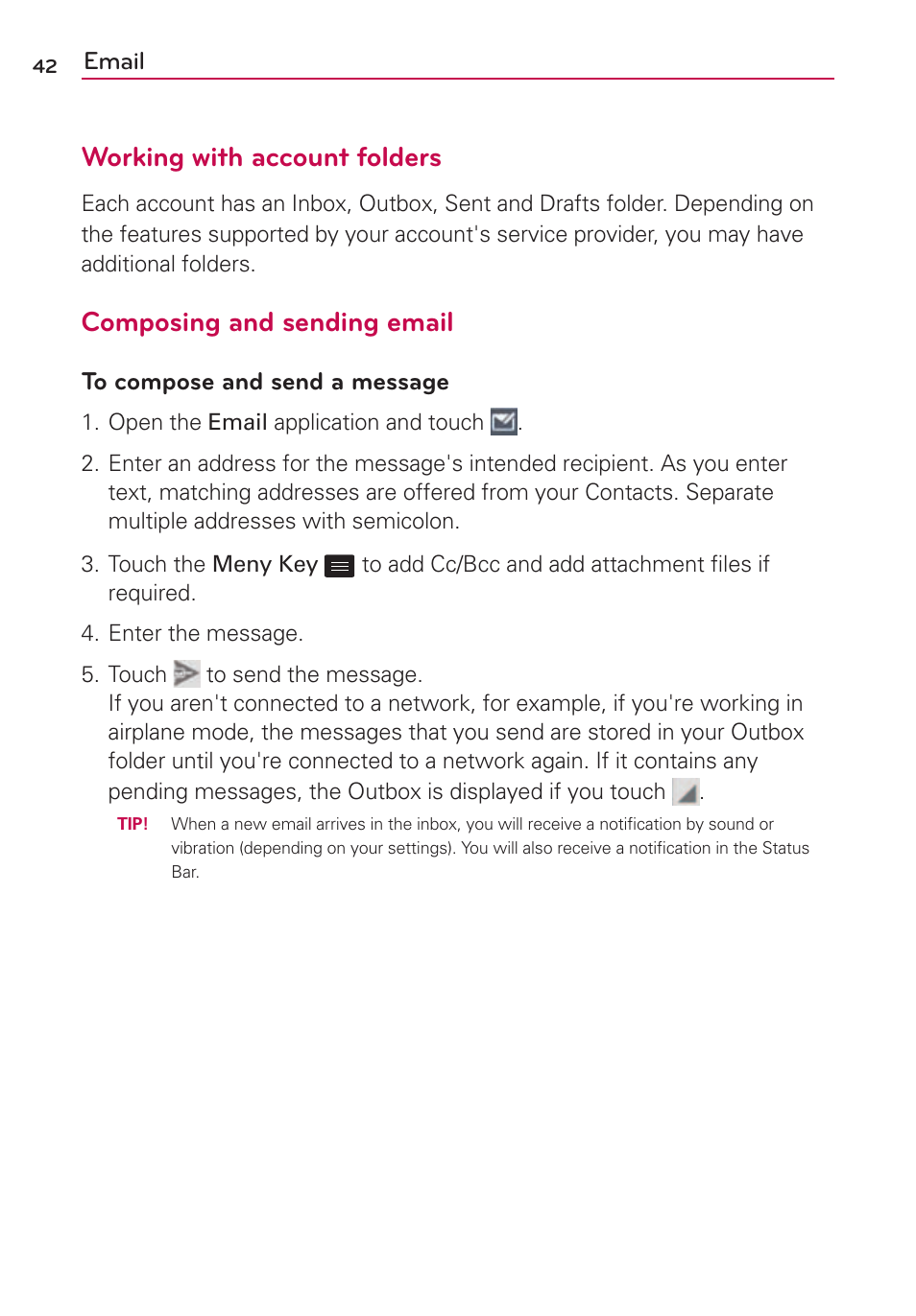 Working with account folders, Composing and sending email | LG LG870 User Manual | Page 42 / 117
