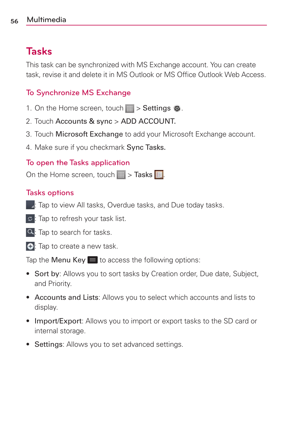 Tasks | LG LG870 User Manual | Page 56 / 117