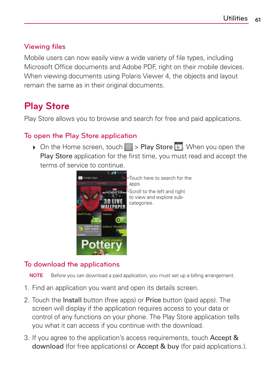 Play store, Utilities viewing files | LG LG870 User Manual | Page 61 / 117