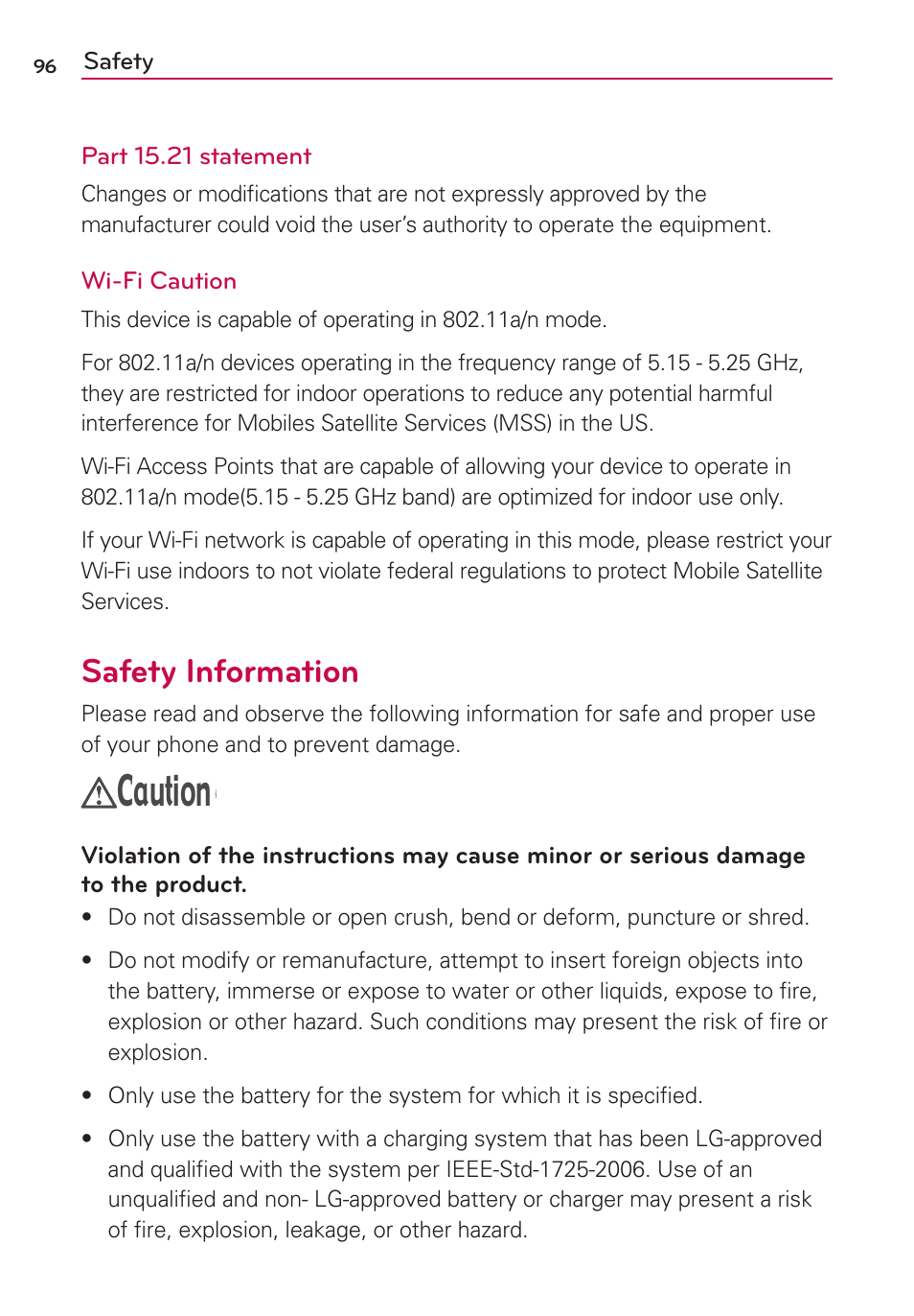 Caution, Safety information | LG LG870 User Manual | Page 96 / 117