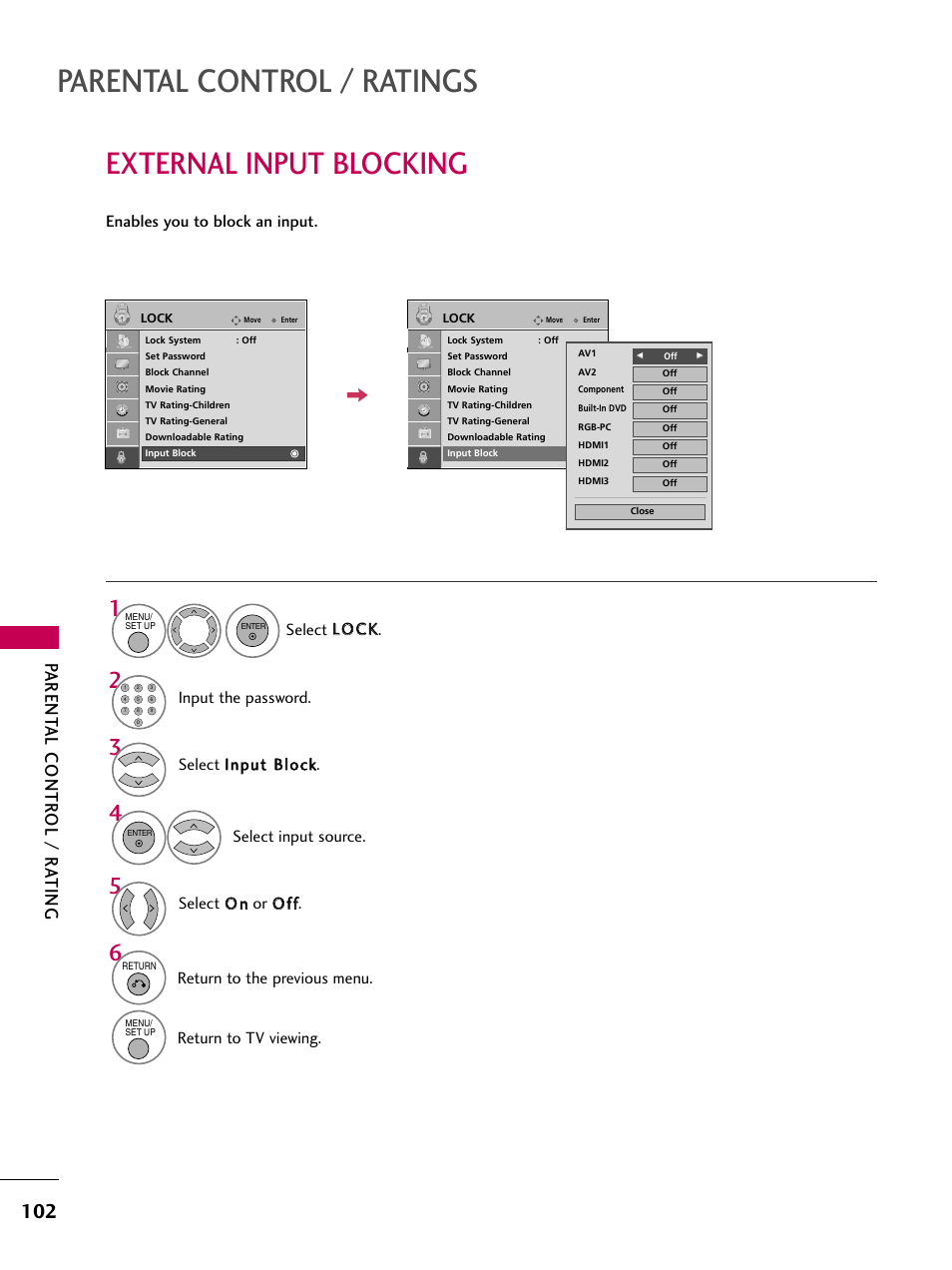 External input blocking, Parental control / ratings, Parent al contr ol / r ating | Select o o nn or o o ff ff, Select llo oc ck k, Input the password, Return to the previous menu, Return to tv viewing | LG 32LG40-UA User Manual | Page 104 / 136