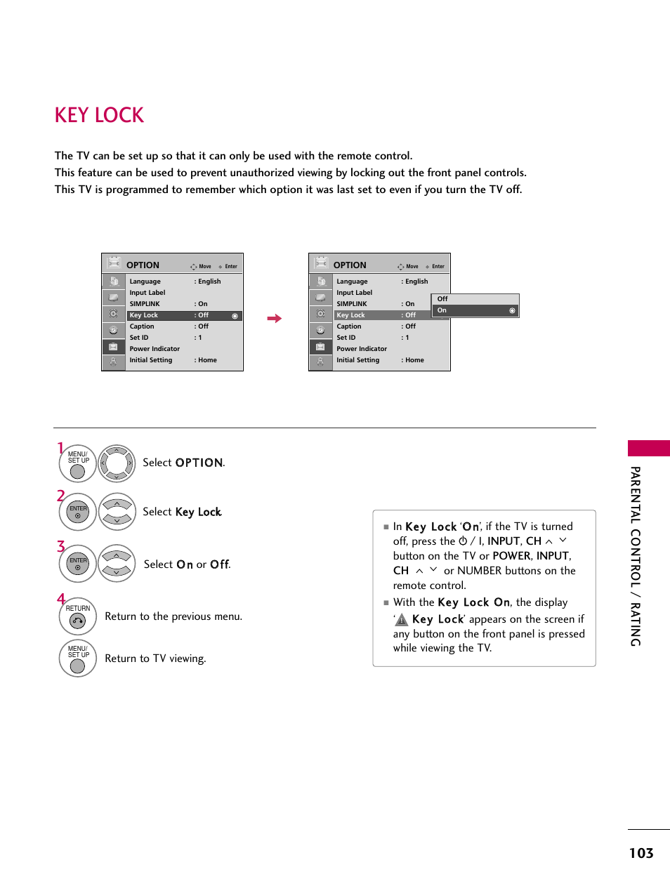 Key lock, Parent al contr ol / r ating | LG 32LG40-UA User Manual | Page 105 / 136