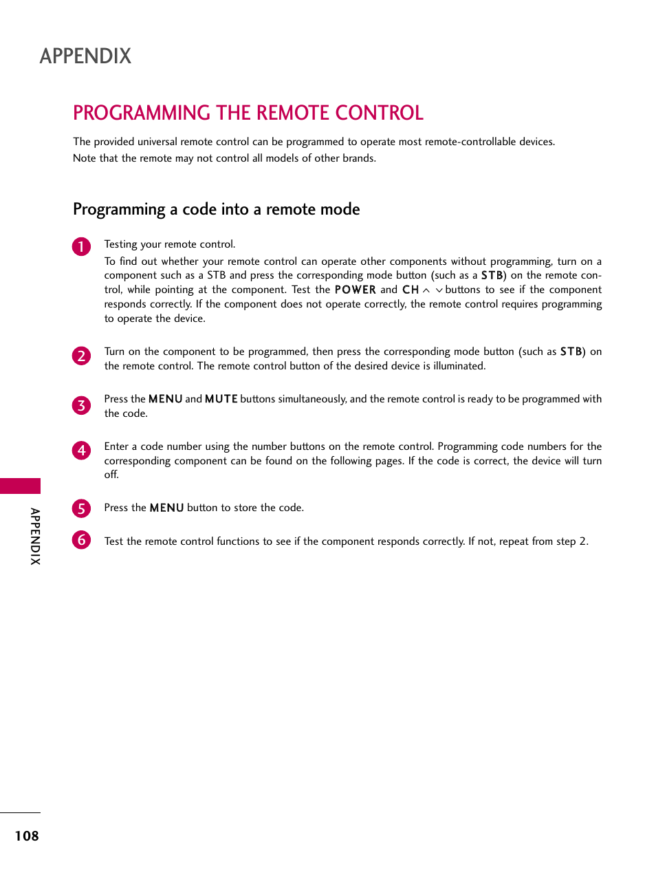 Programming the remote control, Appendix, Programming a code into a remote mode | LG 32LG40-UA User Manual | Page 110 / 136