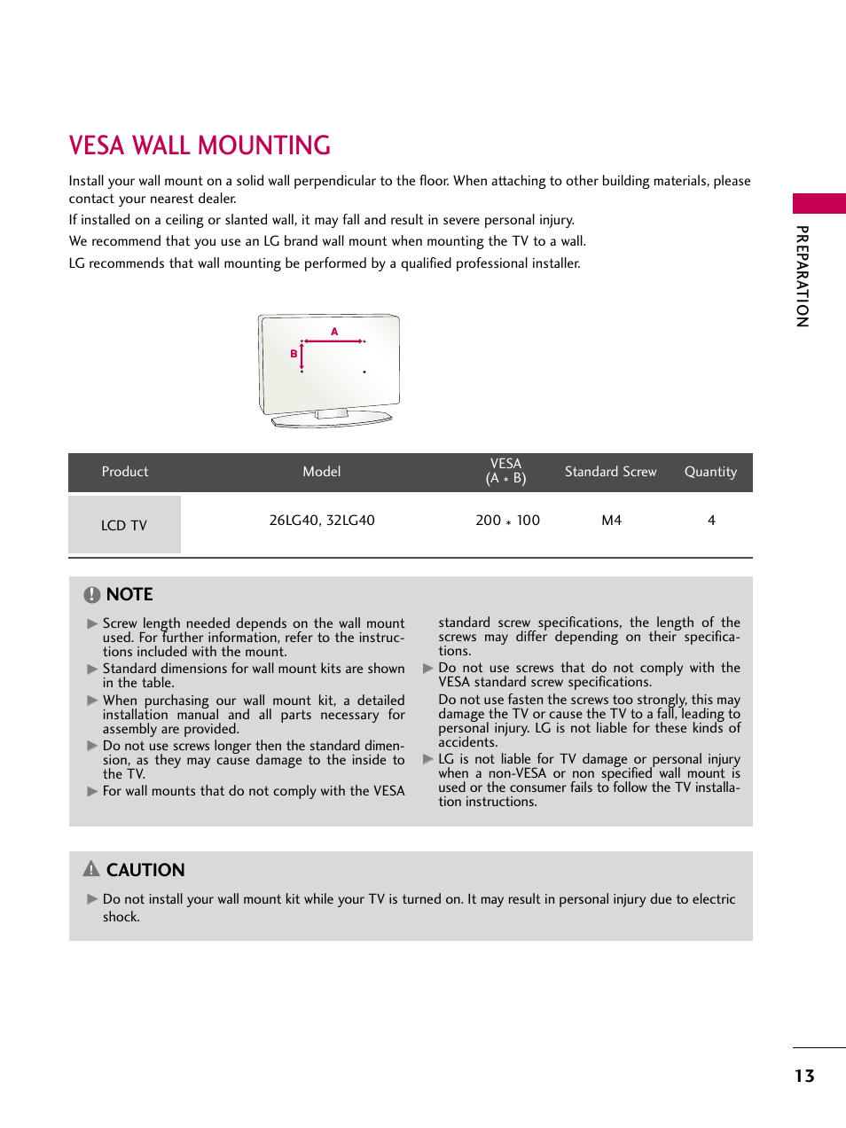 Vesa wall mounting, Caution, Prep ar at ion | LG 32LG40-UA User Manual | Page 15 / 136