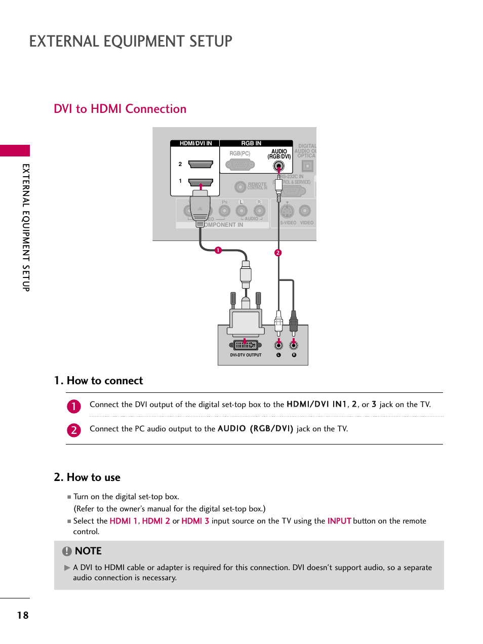 Dvi to hdmi connection, External equipment setup, How to connect 2. how to use | External eq uipment setup | LG 32LG40-UA User Manual | Page 20 / 136