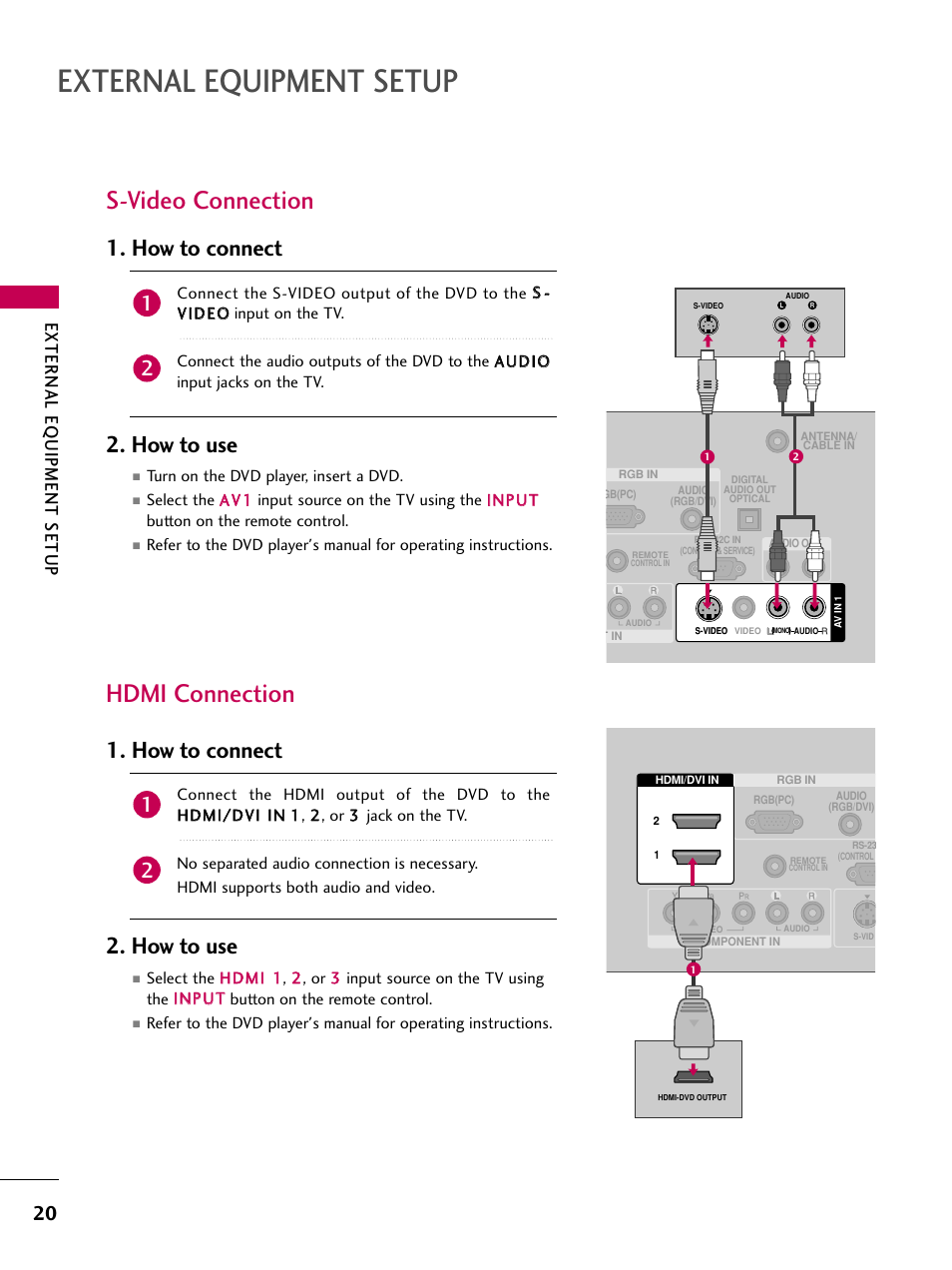 S-video connection, Hdmi connection, External equipment setup | How to connect, How to use, External eq uipment setup | LG 32LG40-UA User Manual | Page 22 / 136