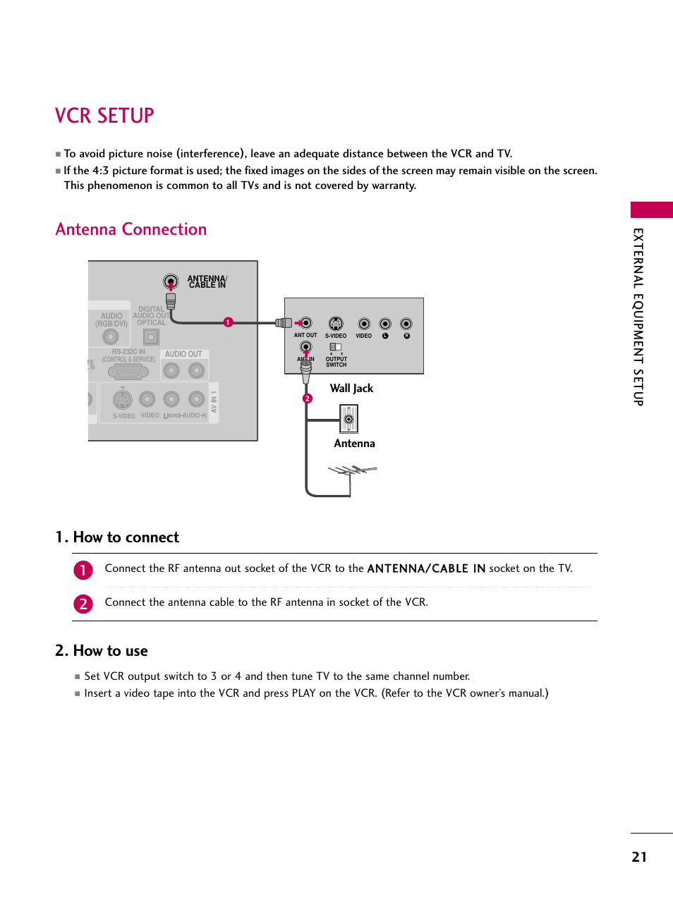 Vcr setup, Antenna connection, How to connect | How to use, External eq uipment setup, Wall jack antenna | LG 32LG40-UA User Manual | Page 23 / 136