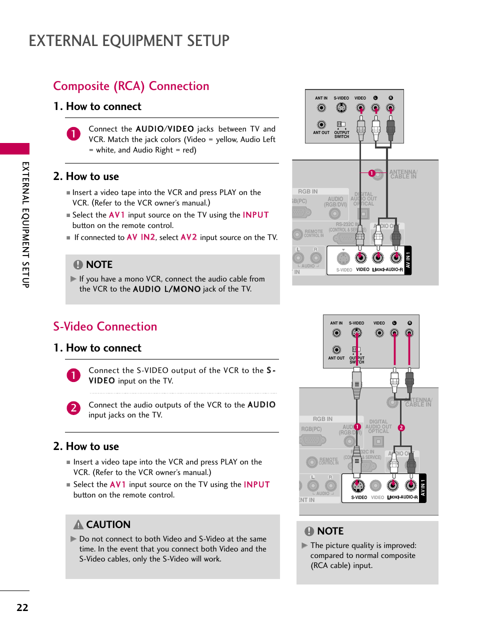 Composite (rca) connection, S-video connection, External equipment setup | How to connect, How to use, Caution, External eq uipment setup | LG 32LG40-UA User Manual | Page 24 / 136