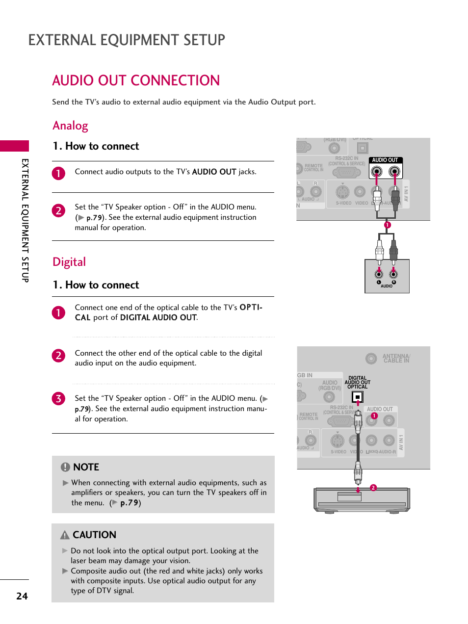 Audio out connection, External equipment setup, Analog digital | How to connect, Caution, External eq uipment setup | LG 32LG40-UA User Manual | Page 26 / 136