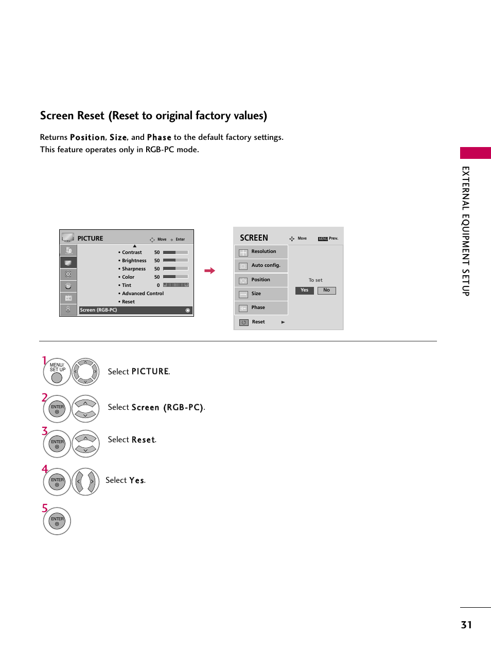 Screen reset (reset to original factory values), External eq uipment setup | LG 32LG40-UA User Manual | Page 33 / 136