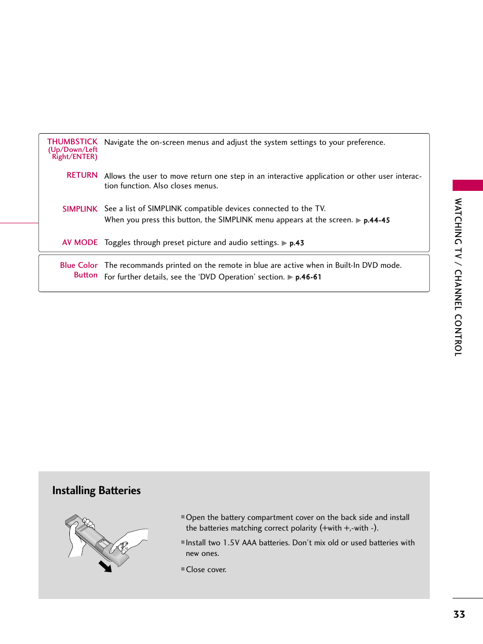 Installing batteries, Watching tv / channel contr ol | LG 32LG40-UA User Manual | Page 35 / 136