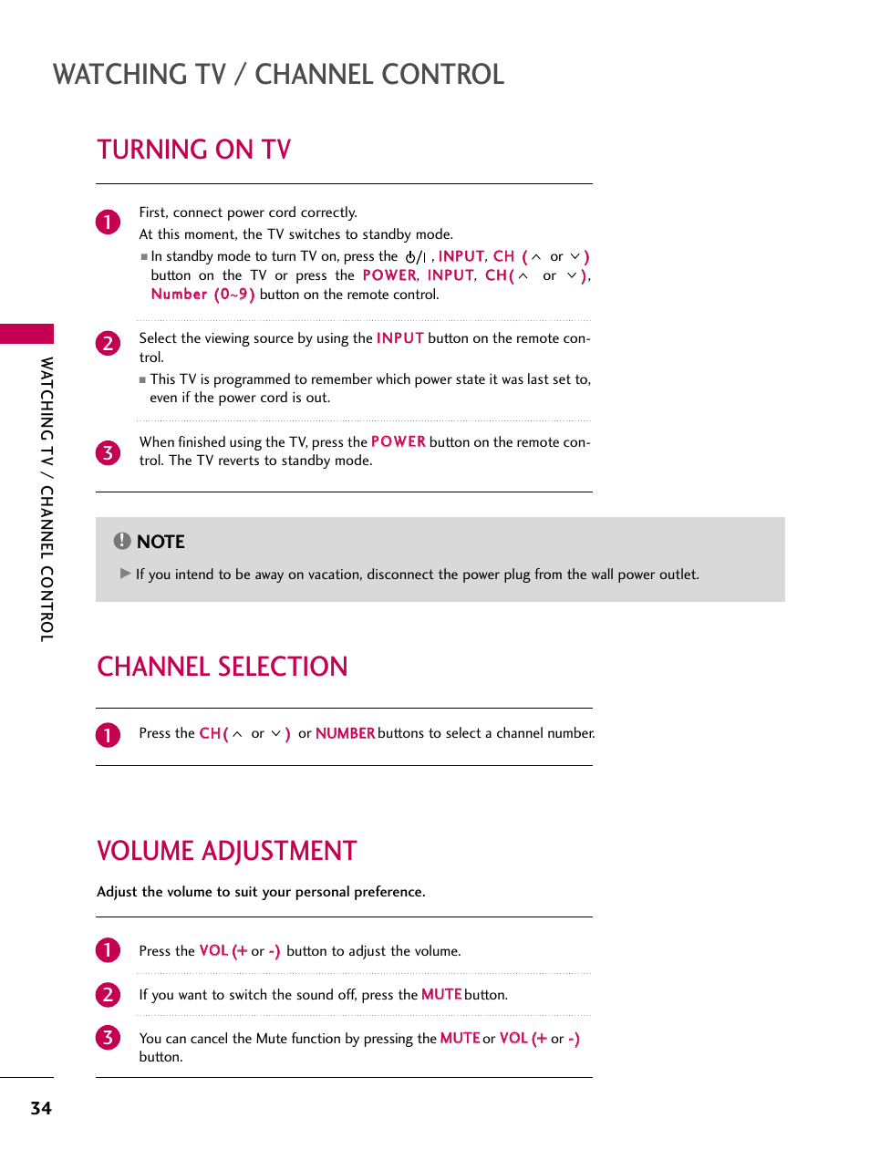 Turning on tv, Channel selection, Volume adjustment | Watching tv / channel control, Volume adjustment channel selection | LG 32LG40-UA User Manual | Page 36 / 136