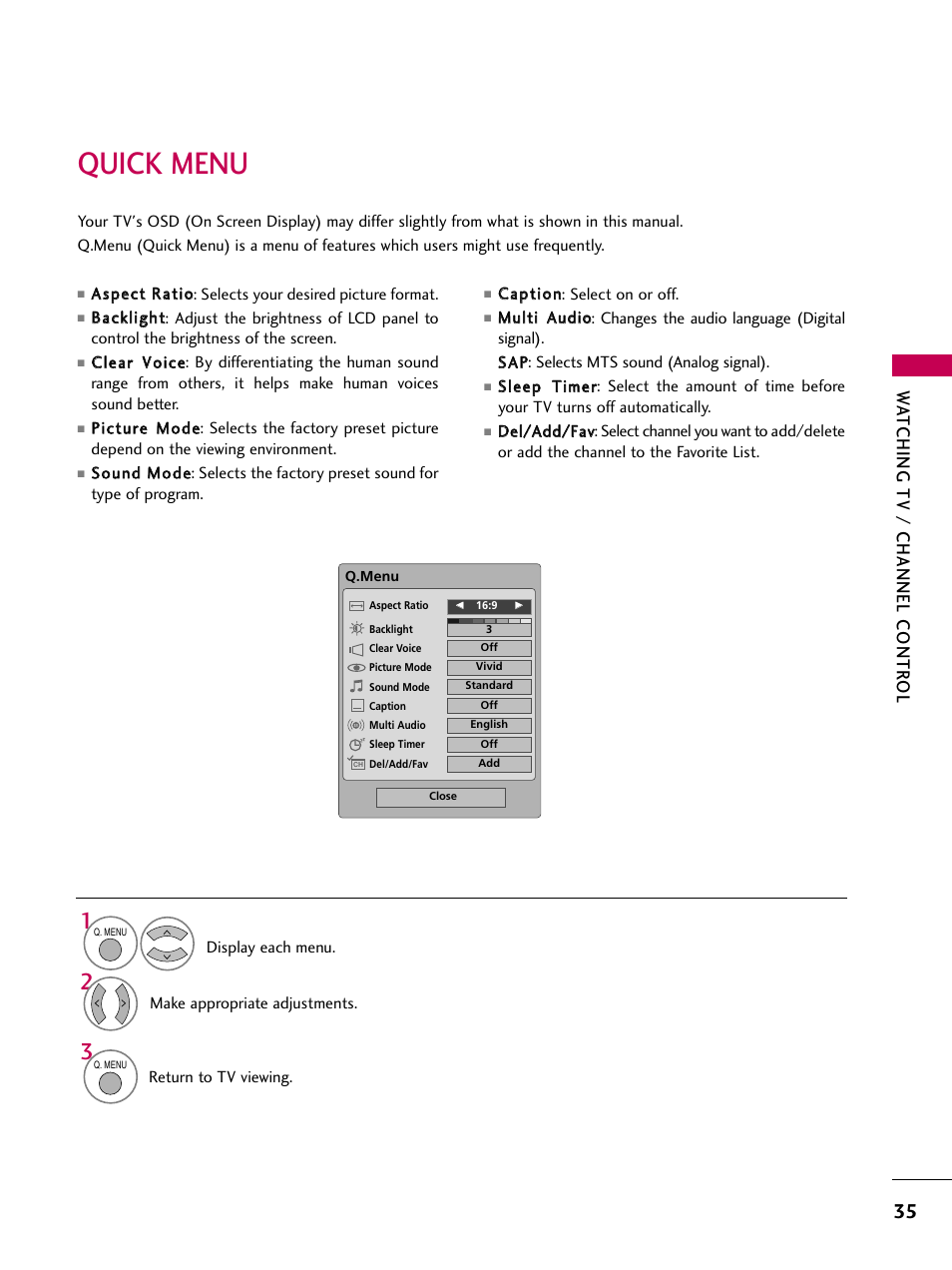 Quick menu, Watching tv / channel contr ol | LG 32LG40-UA User Manual | Page 37 / 136