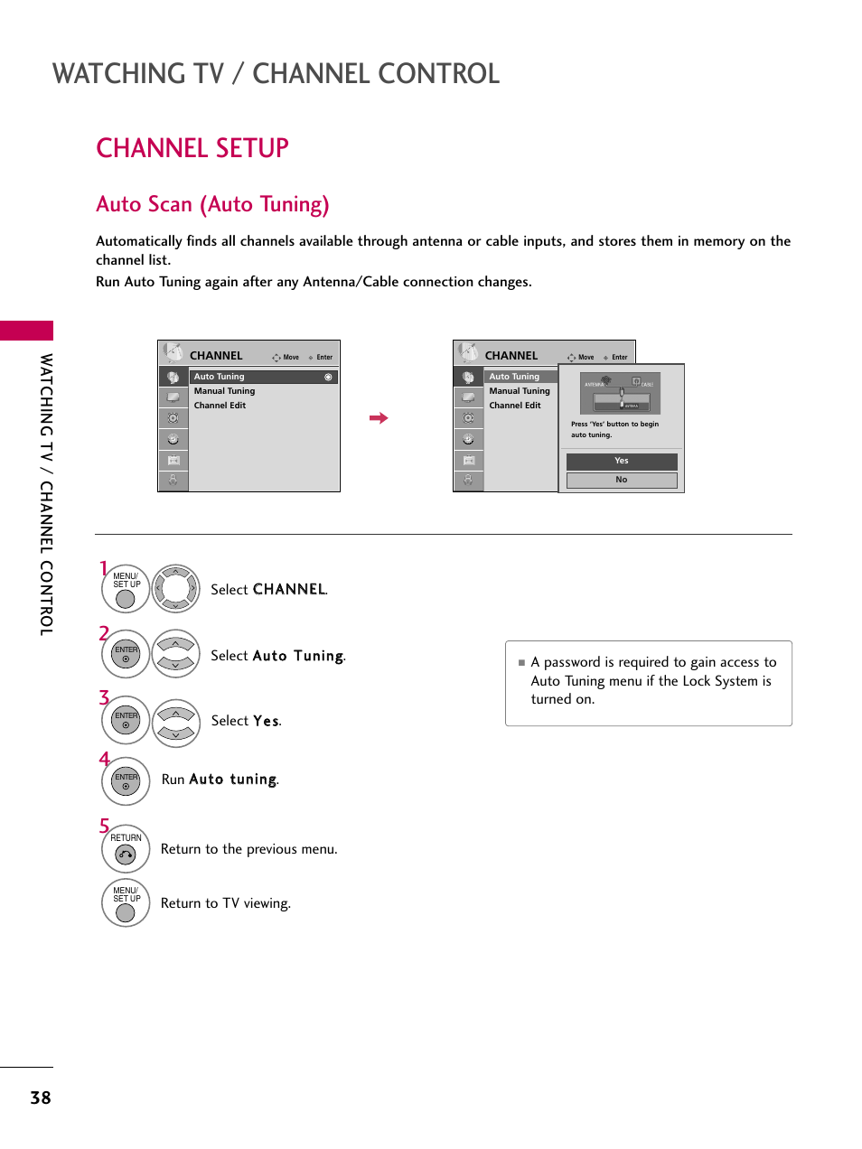 Channel setup, Auto scan (auto tuning), Watching tv / channel control | Watching tv / channel contr ol | LG 32LG40-UA User Manual | Page 40 / 136