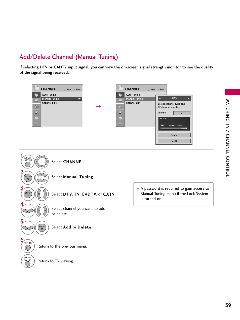 Add/delete channel (manual tuning), Watching tv / channel contr ol | LG 32LG40-UA User Manual | Page 41 / 136