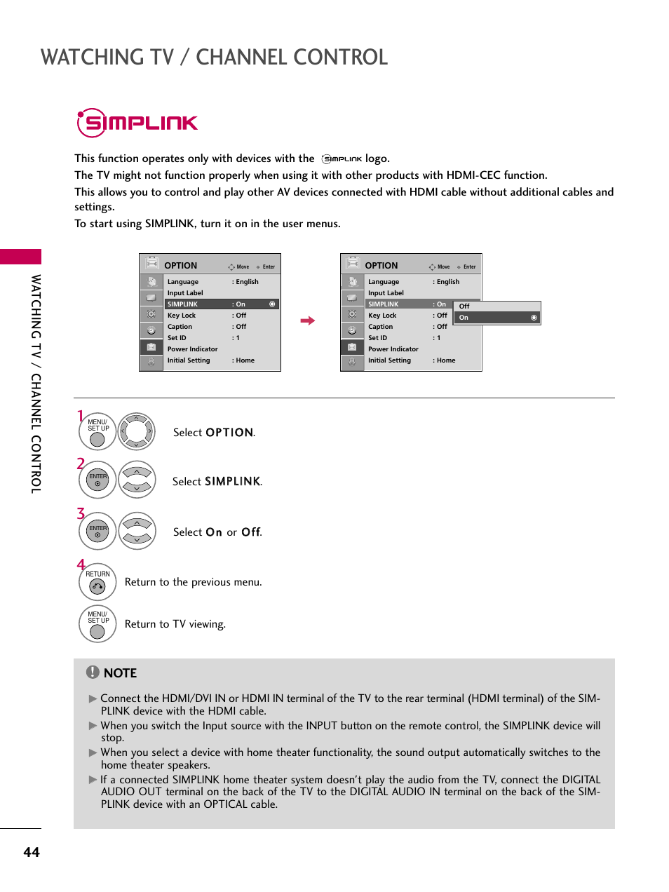 Simplink, Watching tv / channel control, Watching tv / channel contr ol | LG 32LG40-UA User Manual | Page 46 / 136