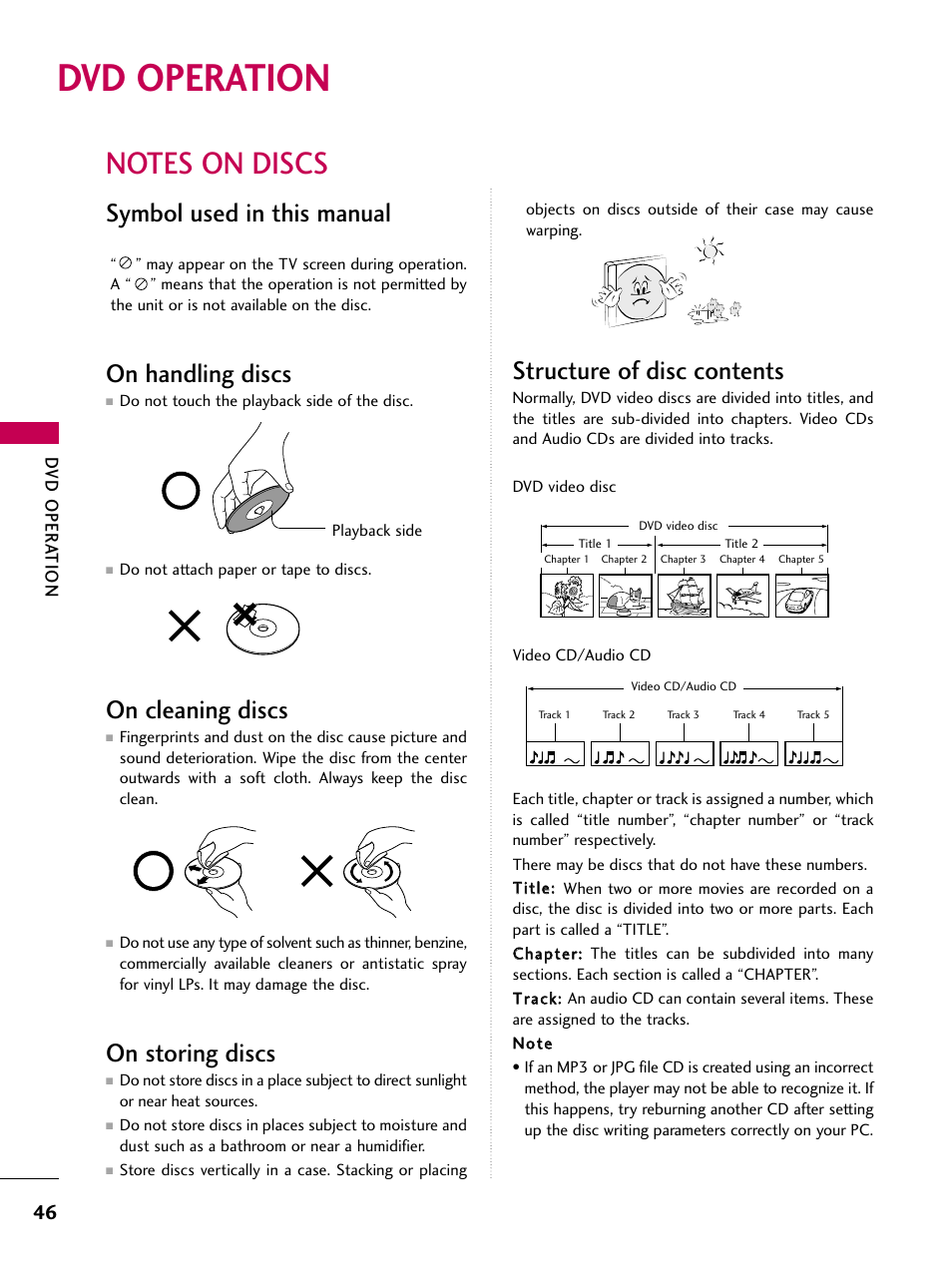 Dvd operation, Notes on discs, Symbol used in this manual | On handling discs, On cleaning discs, On storing discs, Structure of disc contents | LG 32LG40-UA User Manual | Page 48 / 136